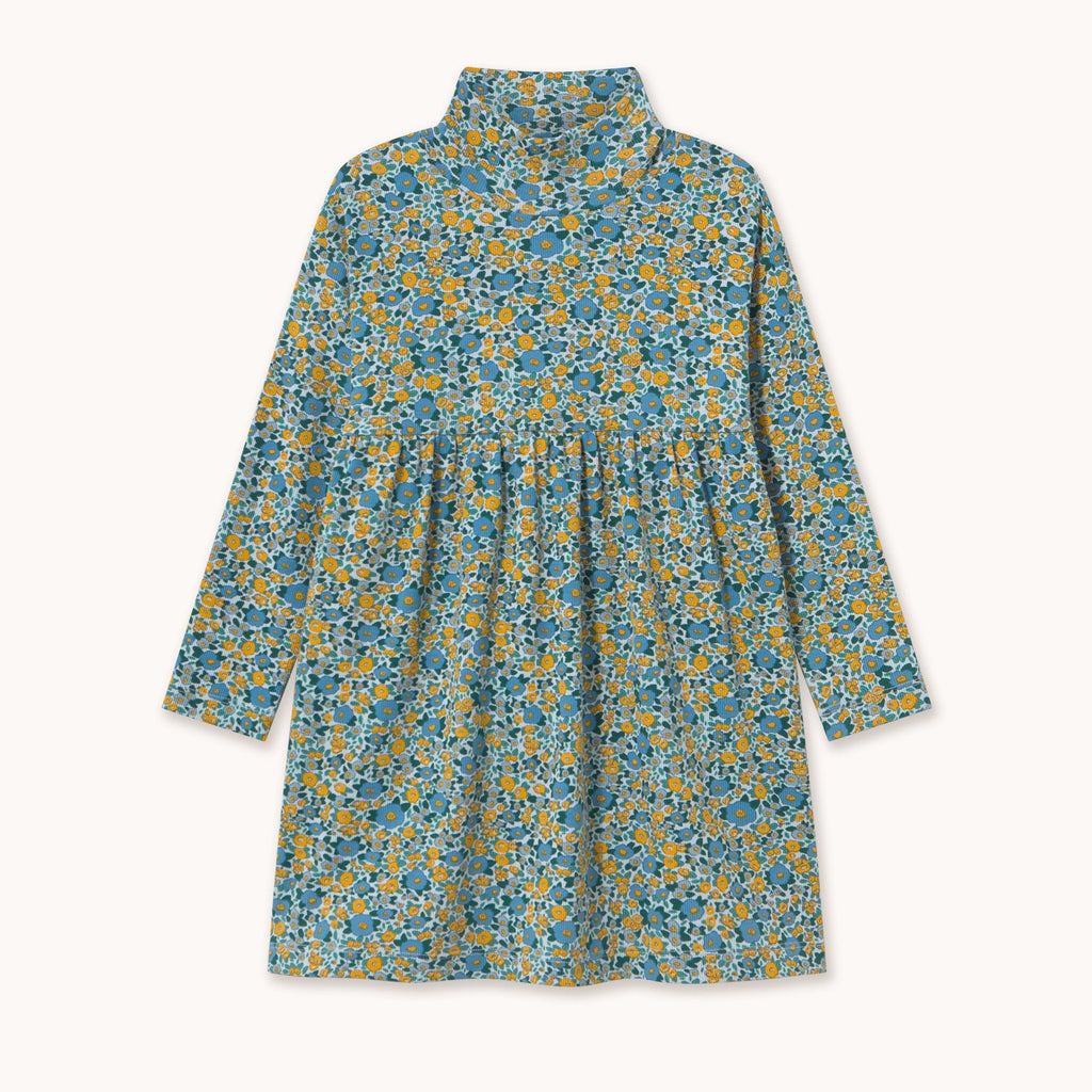 Flower Pattern Rib Mockneck Dress – washed blue