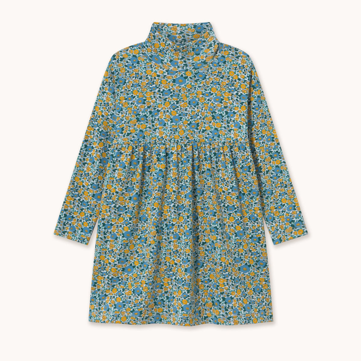 Flower Pattern Rib Mockneck Dress – washed blue