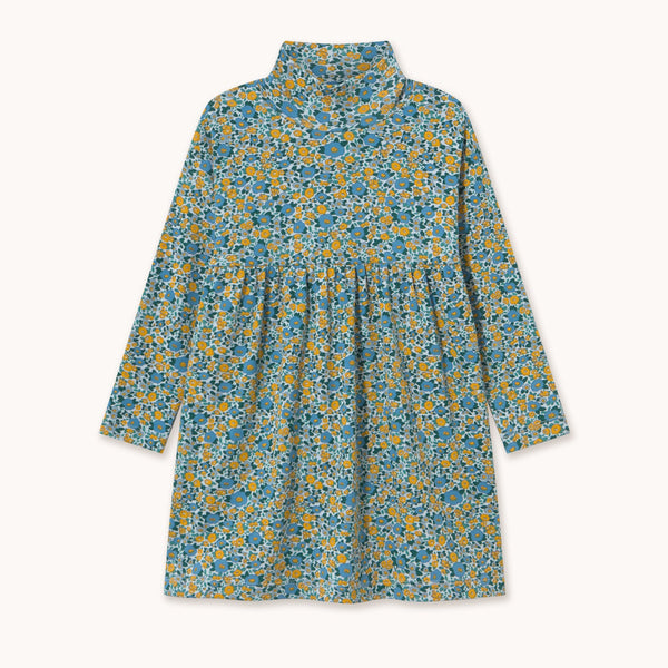 Flower Pattern Rib Mockneck Dress – washed blue