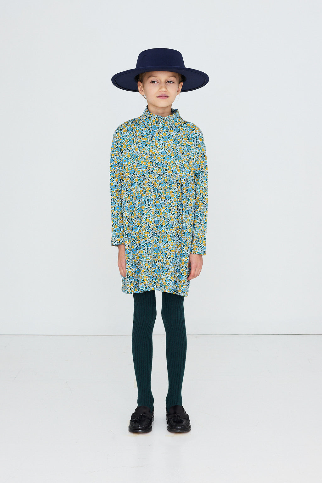 Flower Pattern Rib Mockneck Dress – washed blue