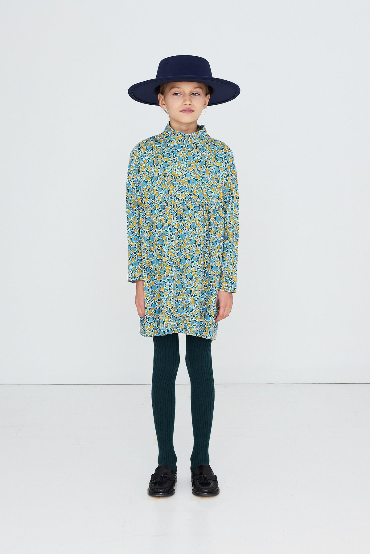 Flower Pattern Rib Mockneck Dress – washed blue
