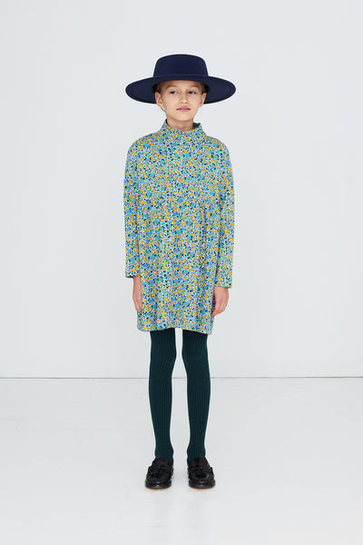 Flower Pattern Rib Mockneck Dress – washed blue