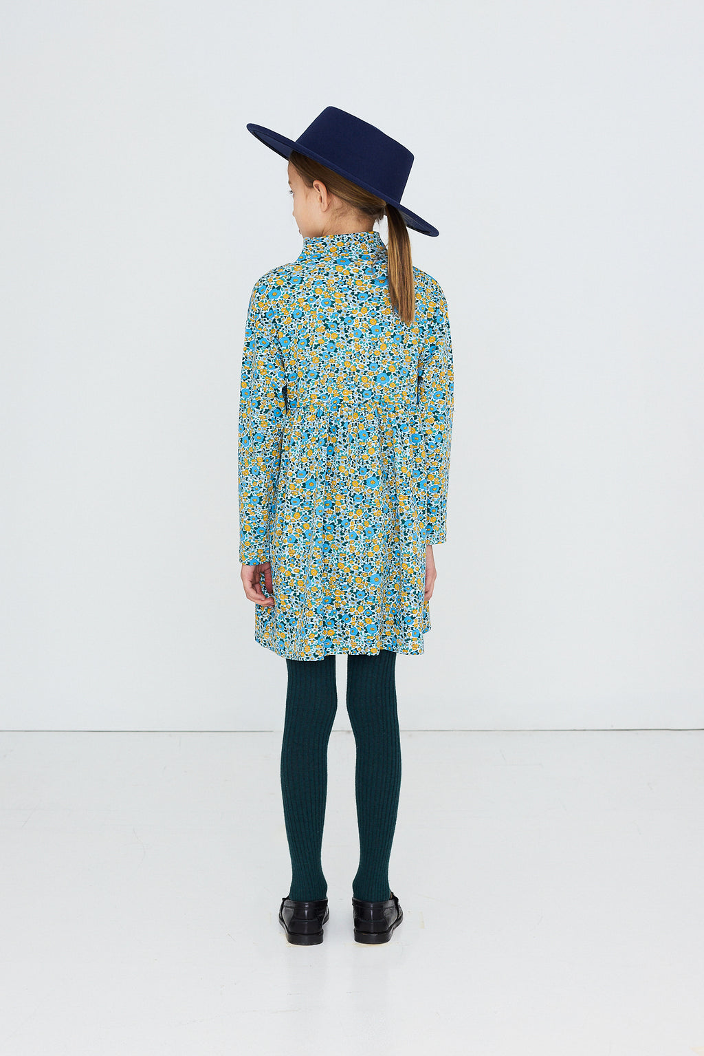 Flower Pattern Rib Mockneck Dress – washed blue