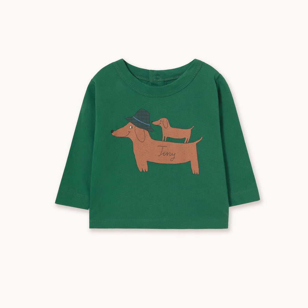 Two Dogs Graphic Baby Tee – dark green