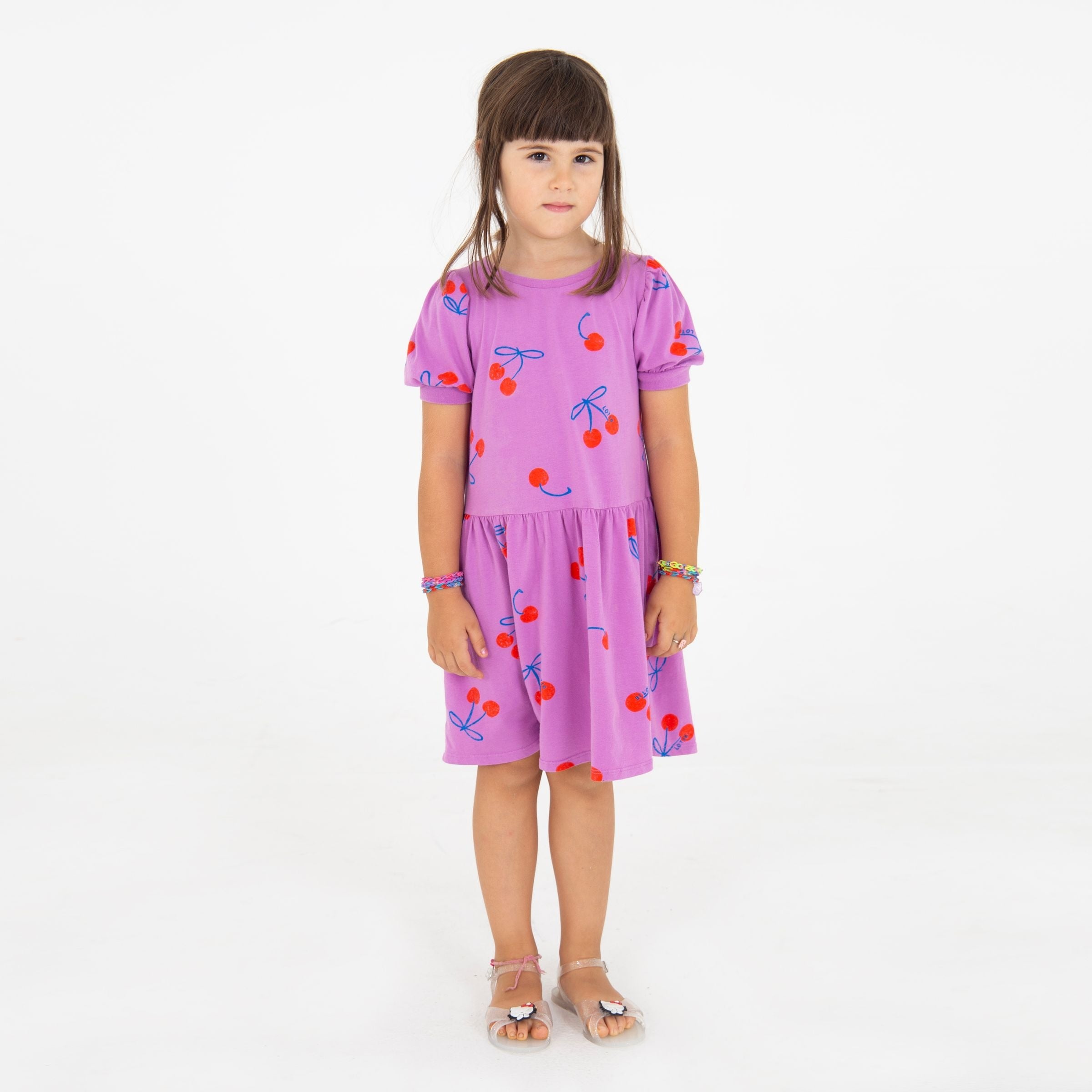 Cherries All Over Bloused Sleeved Dress – magenta
