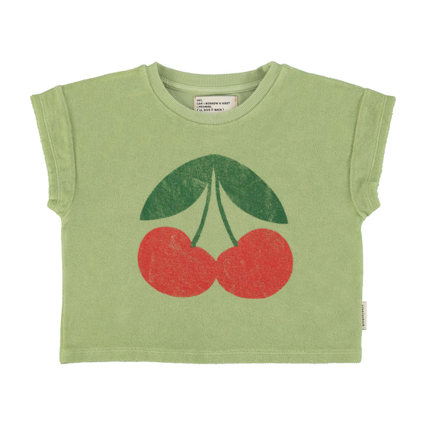 T-Shirt – light olive w/ cherry print