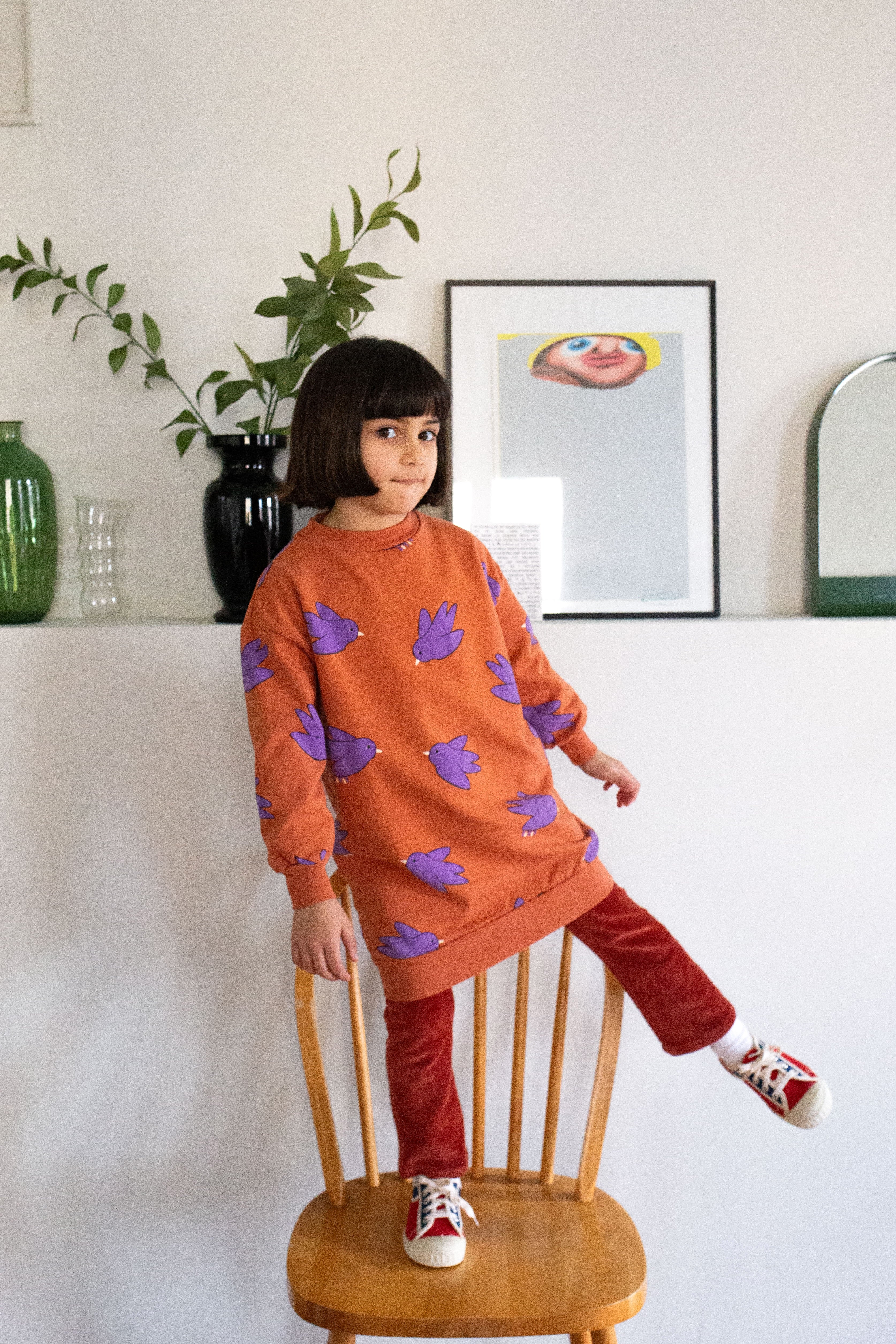 Birds Long Sweatdress – clay