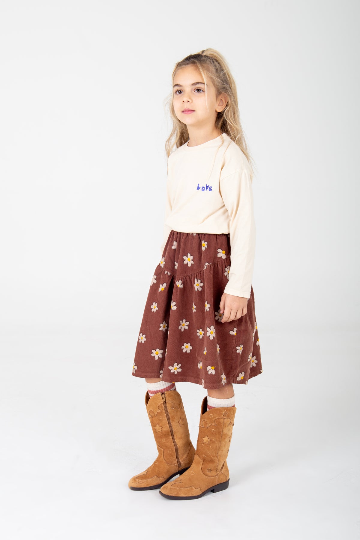 Daisies All Over Corduroy Midi Skirt – washed brown