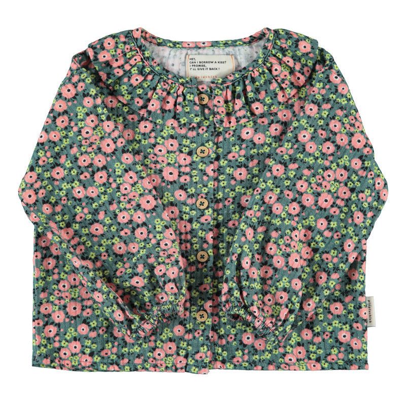 Blouse Round Collar – green w/ multicolor flowers