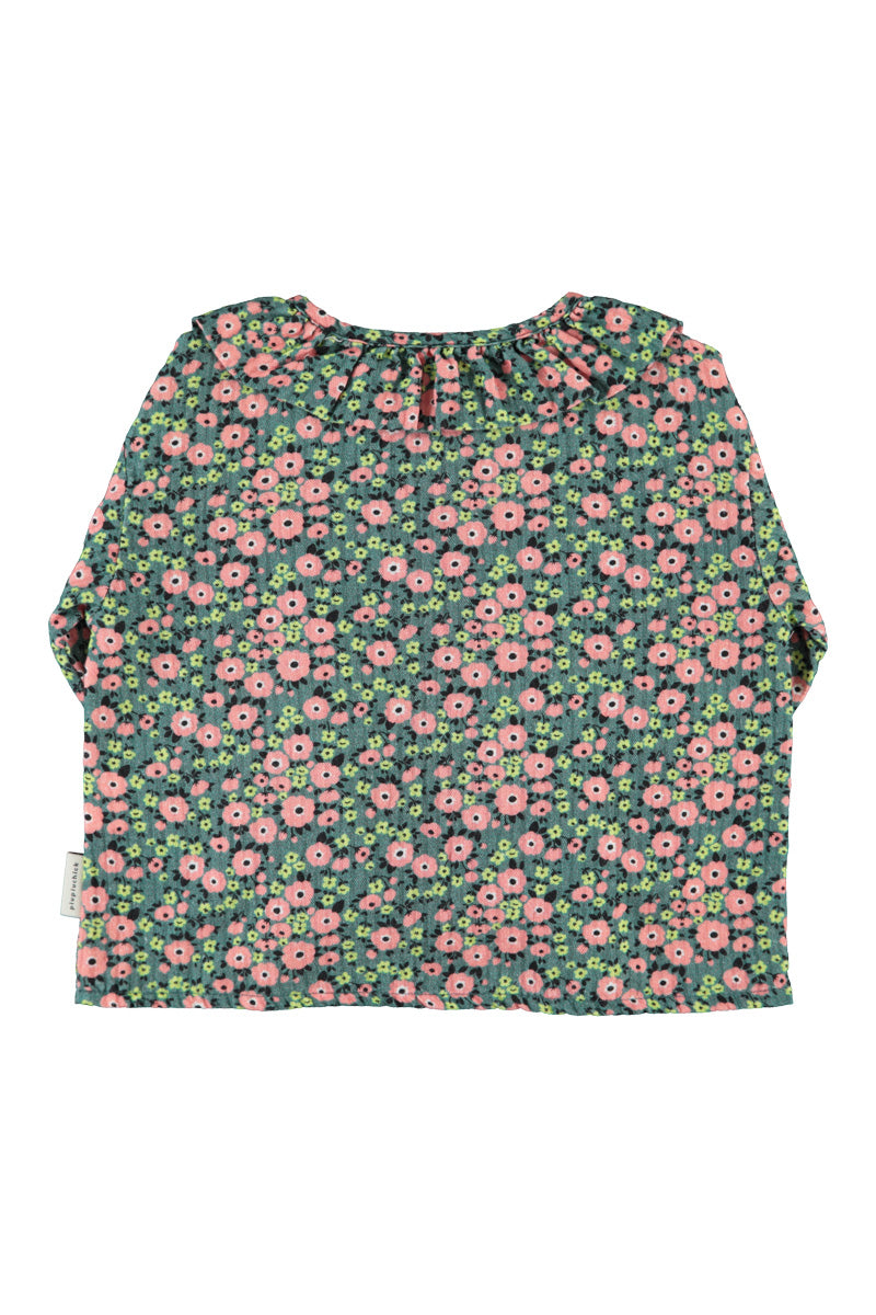 Blouse Round Collar – green w/ multicolor flowers