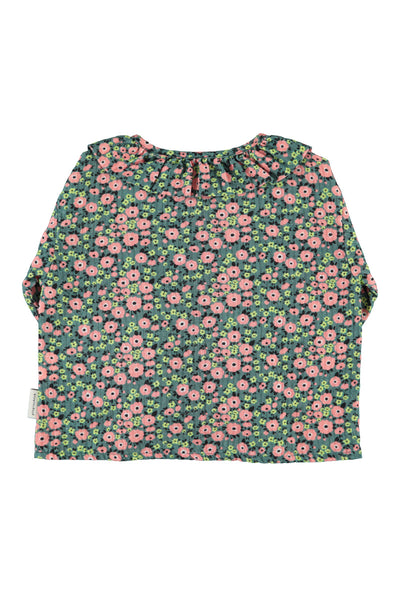 Blouse Round Collar – green w/ multicolor flowers
