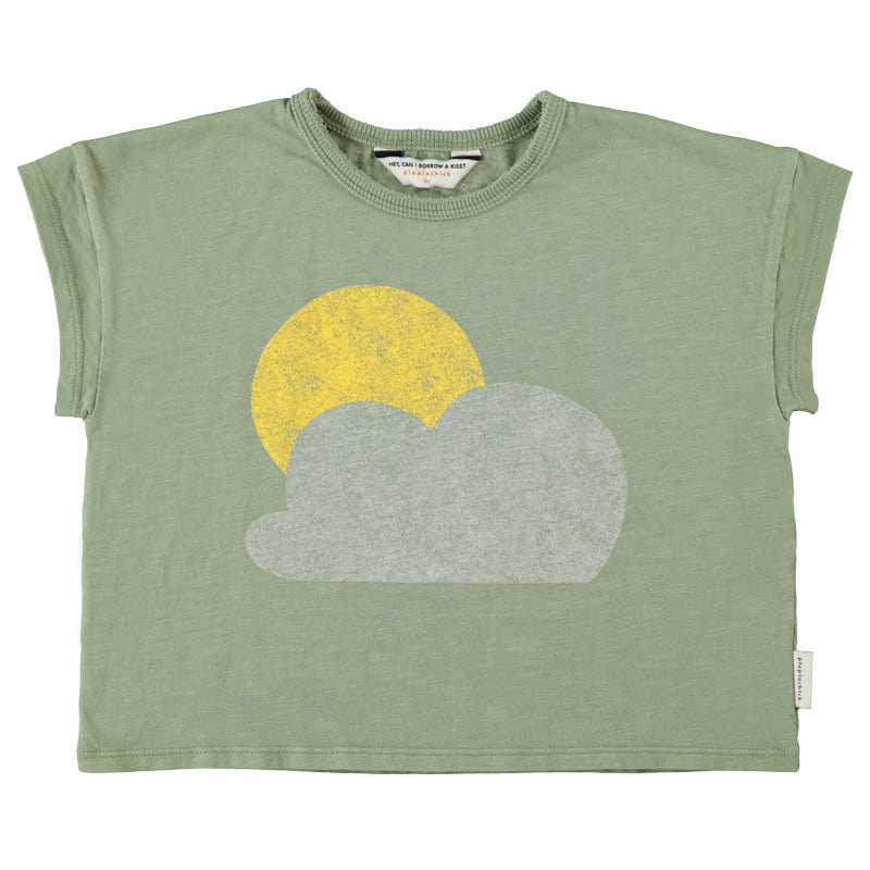 T-Shirt – olive green w/ sun & cloud print