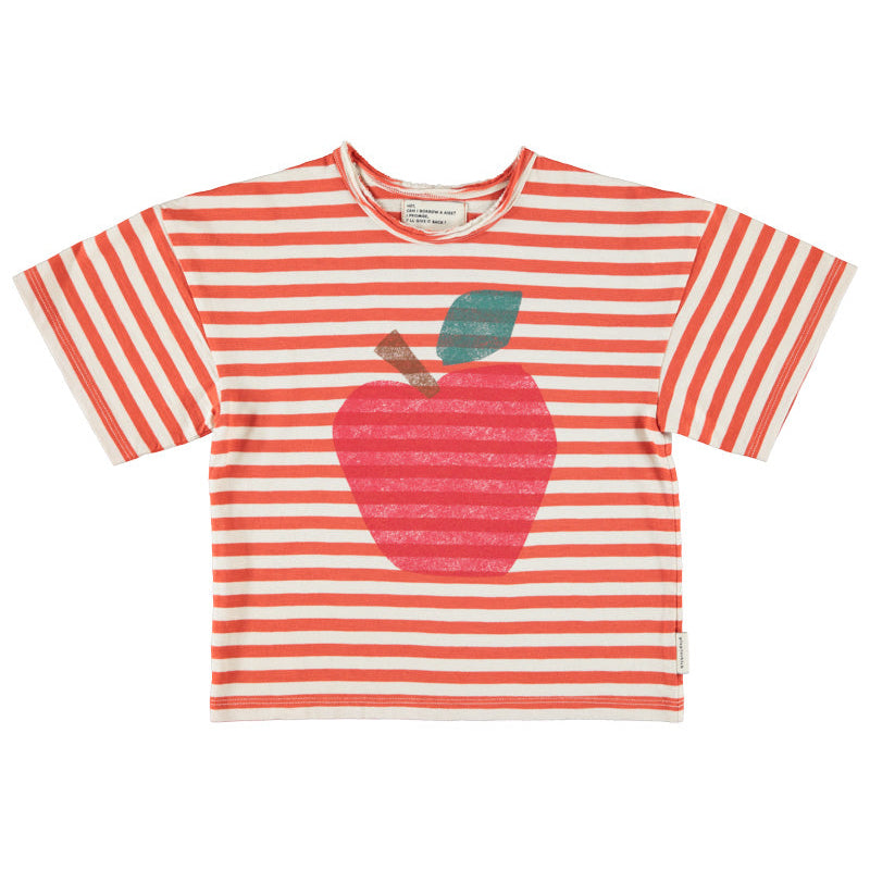 Oversize T-Shirt – red & ecru stripes w/ apple print